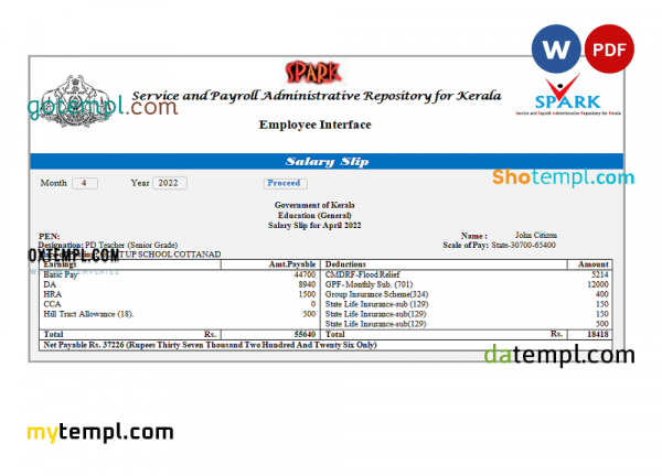 India Service and Payroll Administrative Repository for Kerala payroll company pay stub Word and PDF template