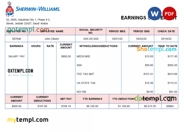 UAE Sherwin-Williams Paints paint manufacturing company pay stub Word and PDF template