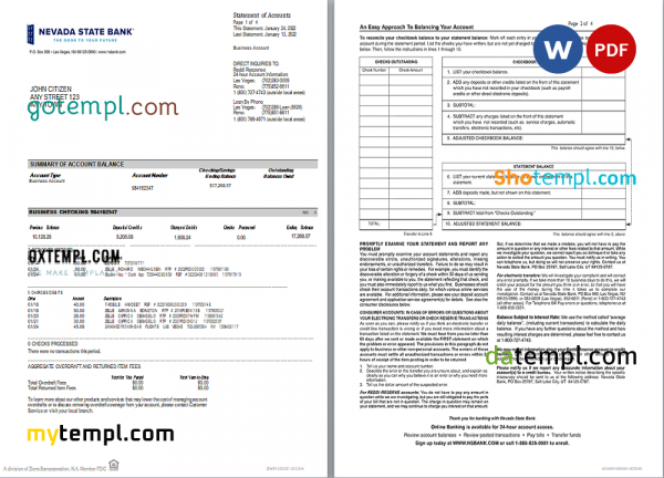 USA Nevada State Bank business checking statement, Word and PDF template, 4 pages