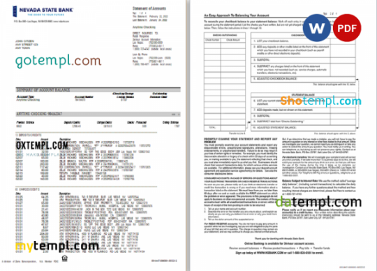 USA Nevada State Bank anytime checking statement, Word and PDF template, 4 pages