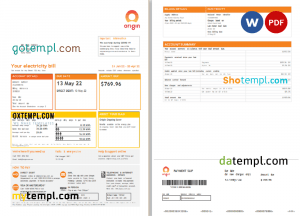 Australia Origin utility bill, Word and PDF template, 4 pages