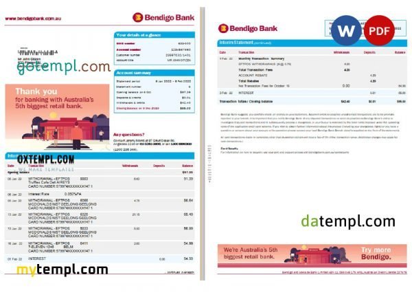 Australia Bendigo bank statement Word and PDF template, 2 pages