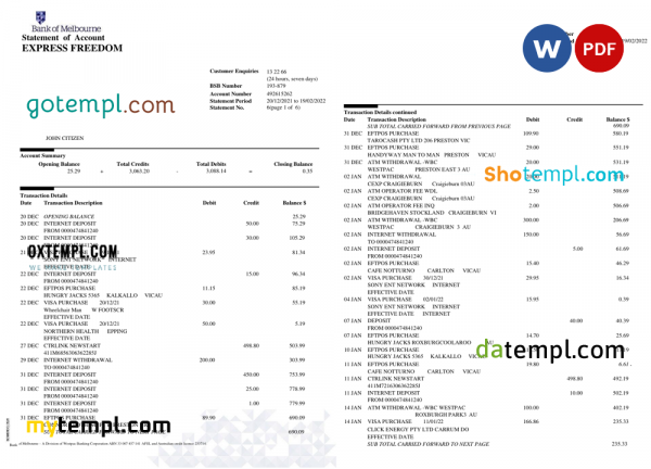 Australia Bank of Melbourne bank account statement, Word and PDF template, 6 pages