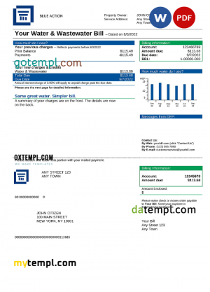 blue action universal multipurpose utility bill, Word and PDF template