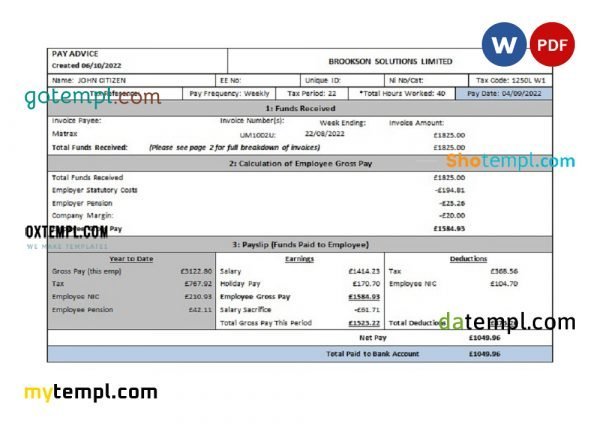 USA Brookson solutions limited payslip Word and PDF template