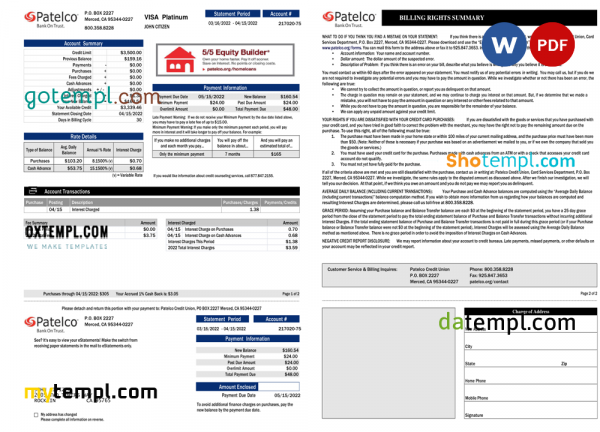 USA California Patelco bank card statement, Word and PDF template, 2 pages