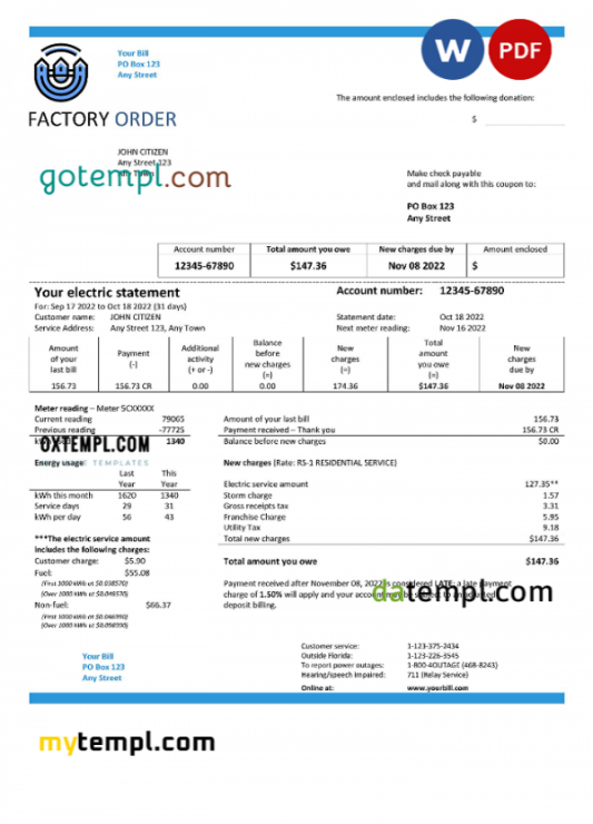factory order universal multipurpose utility bill, Word and PDF template