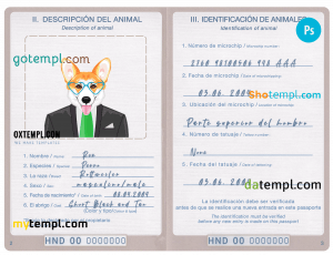 free Honduras dog (animal, pet) passport PSD template, fully editable