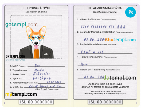 free Iceland dog (animal, pet) passport PSD template, fully editable