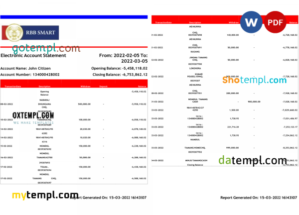 India RBB Smart bank statement, Word and PDF template, 2 pages