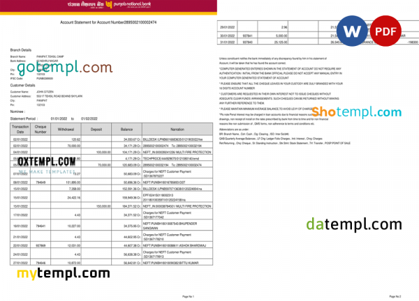 India Punjab National Bank statement Word and PDF template, 2 pages, version 2