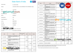 India State Bank of India (SBI) bank statement Word and PDF template, 2 pages