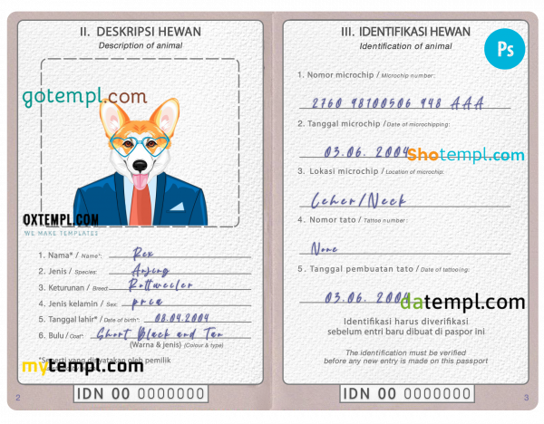 free Indonesia dog (animal, pet) passport PSD template, fully editable