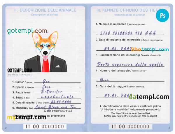 free Italy dog (animal, pet) passport PSD template, completely editable