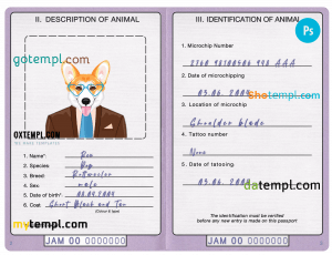 free Jamaica dog (animal, pet) passport PSD template, fully editable