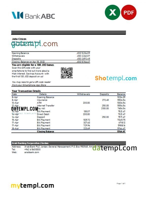 Jordan ABC bank statement Excel and PDF template