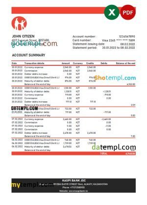 Thailand Krungthai Card PCL credit card statement Word and PDF template, 2 pages