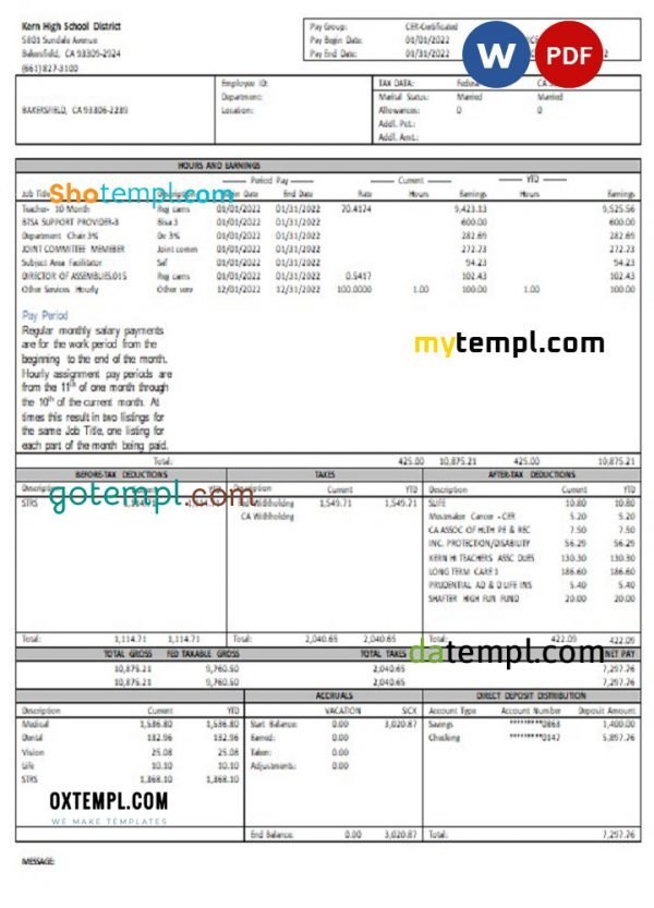 USA California Kern highschool District earnings statement Word and PDF template