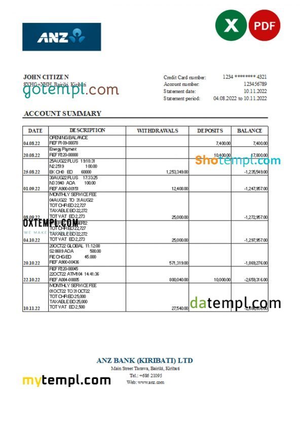 Kiribati ANZ bank statement Excel and PDF template