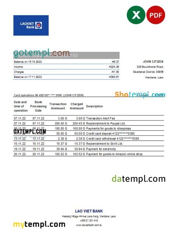 Laos Lao Viet bank statement Excel and PDF template