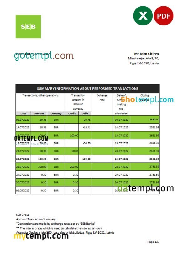 Latvia SEB bank statement Excel and PDF template