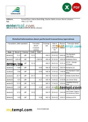 Lebanon Cedrus bank statement Excel and PDF template