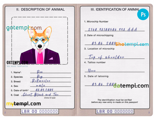 free Liberia dog (animal, pet) passport PSD template, fully editable