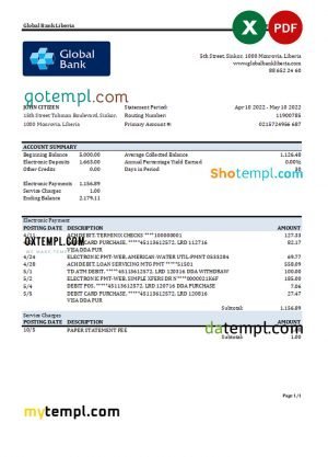 Liberia Global Bank statement Excel and PDF template