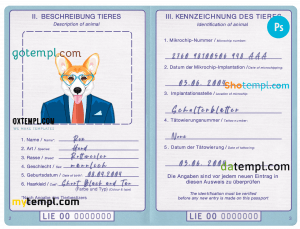 free Liechtenstein dog (animal, pet) passport PSD template, fully editable