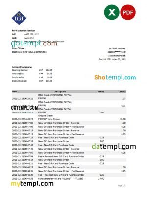 Liechtenstein LGT bank statement Excel and PDF template