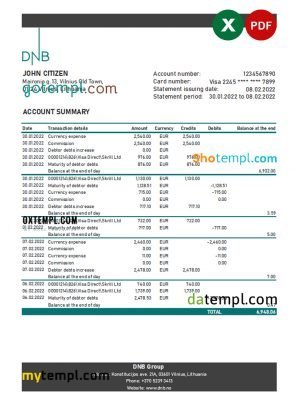 Lithuania DNB bank statement Excel and PDF template