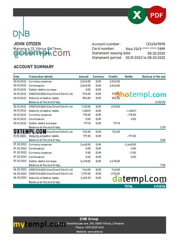 Lithuania DNB bank statement Excel and PDF template