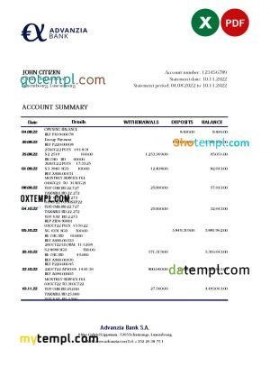 Luxembourg Advanzia bank statement Excel and PDF template