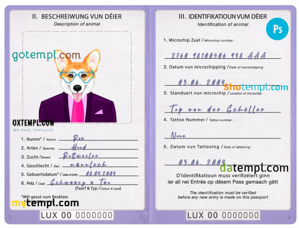 free Luxembourg dog (animal, pet) passport PSD template, fully editable