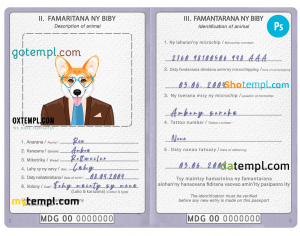 free Madagascar dog (animal, pet) passport PSD template, fully editable