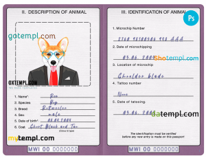 free Malawi dog (animal, pet) passport PSD template, completely editable