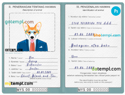 free Malaysia dog (animal, pet) passport PSD template, completely editable