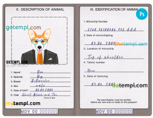 free Maldives dog (animal, pet) passport PSD template, fully editable