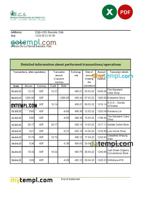 Mali Banque Commerciale du Sahel bank statement Excel and PDF template