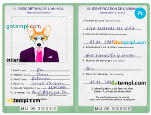 free Mali dog (animal, pet) passport PSD template, completely editable