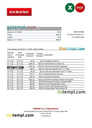 Malta Akbank bank statement Excel and PDF template