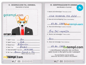 free Malta dog (animal, pet) passport PSD template, completely editable