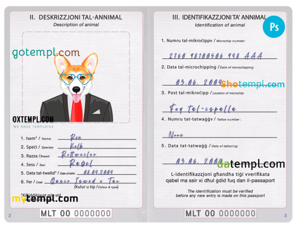 free Malta dog (animal, pet) passport PSD template, completely editable