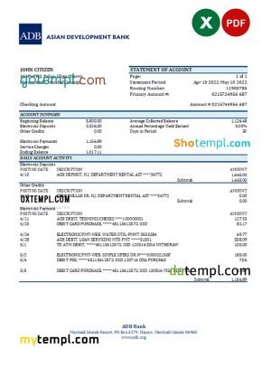 Ethophia Commercial Bank of Ethopia bank statement Word and PDF template, 4 pages