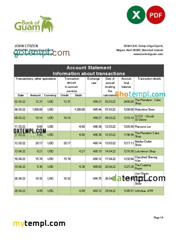 Marshall Islands Bank of Guam bank statement Excel and PDF template