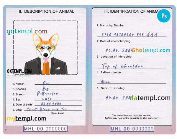 free Marshall Islands dog (animal, pet) passport PSD template, fully editable