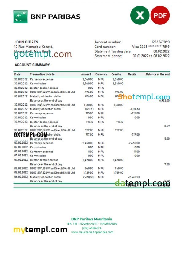 Mauritania BNP Paribas bank statement Excel and PDF template