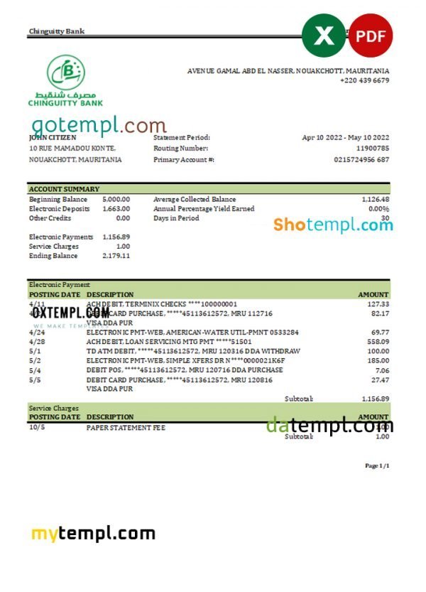 Mauritania Chinguitty bank statement Excel and PDF template