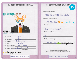 free Mauritius dog (animal, pet) passport PSD template, fully editable