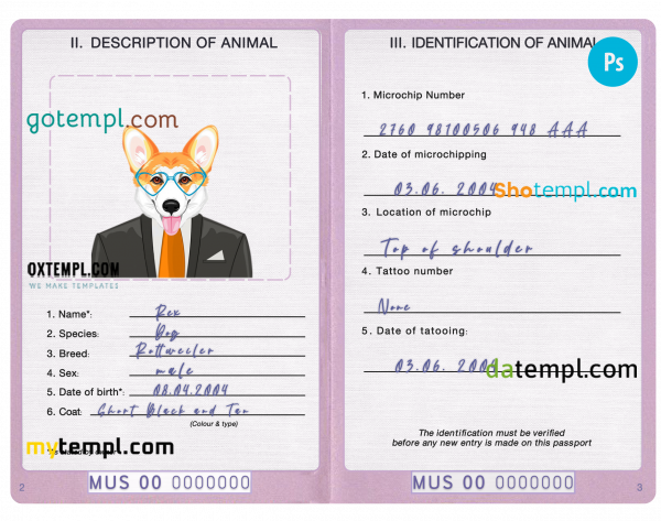 free Mauritius dog (animal, pet) passport PSD template, fully editable